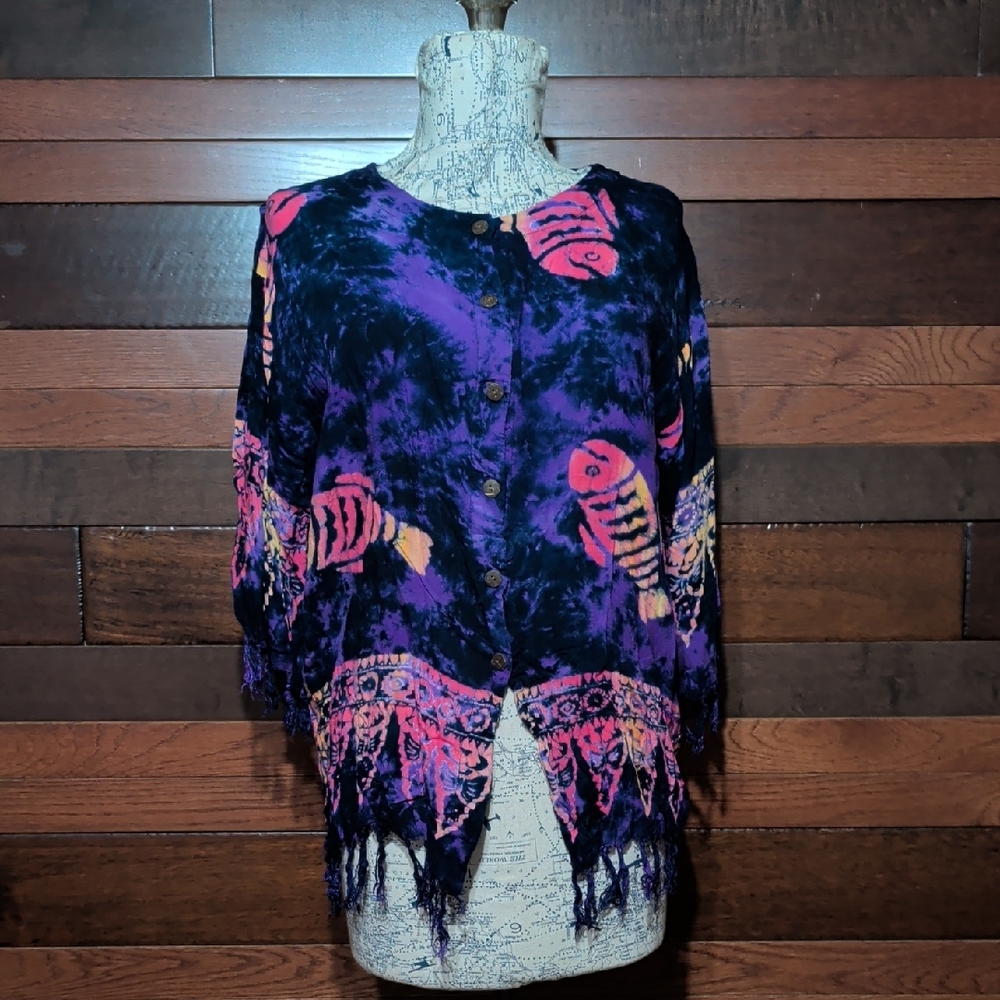 Peaceful People Boho Tie-Dye Fringe Button-Up Top with Fish Motif